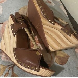 Designer MIU MIU Brown Leather Wedges with Gold Studs Like New
